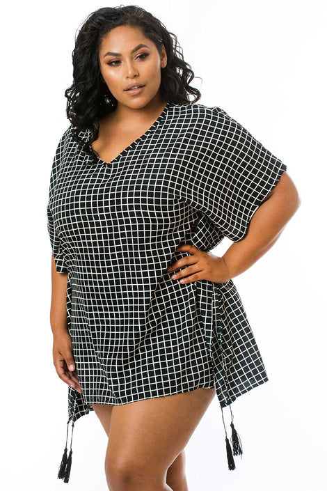 B&W Checkered Printed Cover Up with Tassels