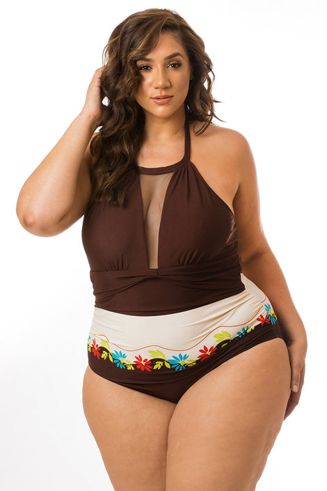 Brown Pretty Flowered One Piece With Mesh