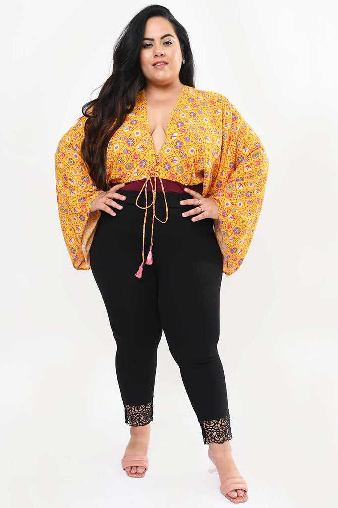 Women's Plus Size Baggy Style Yellow Contrasted Printed Body Suit