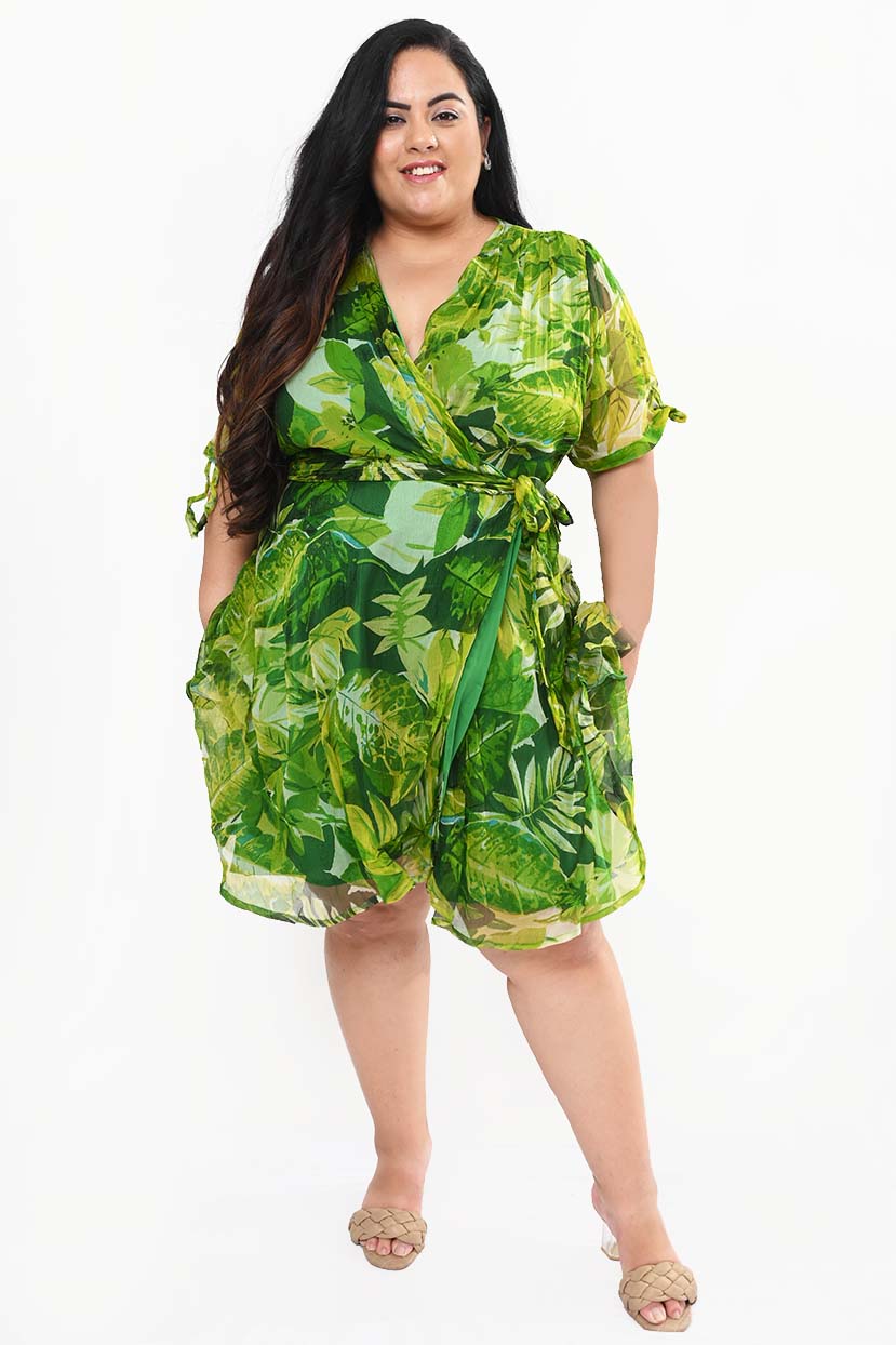 Women's Plus Size Green Floral Printed Wrap Style Dress