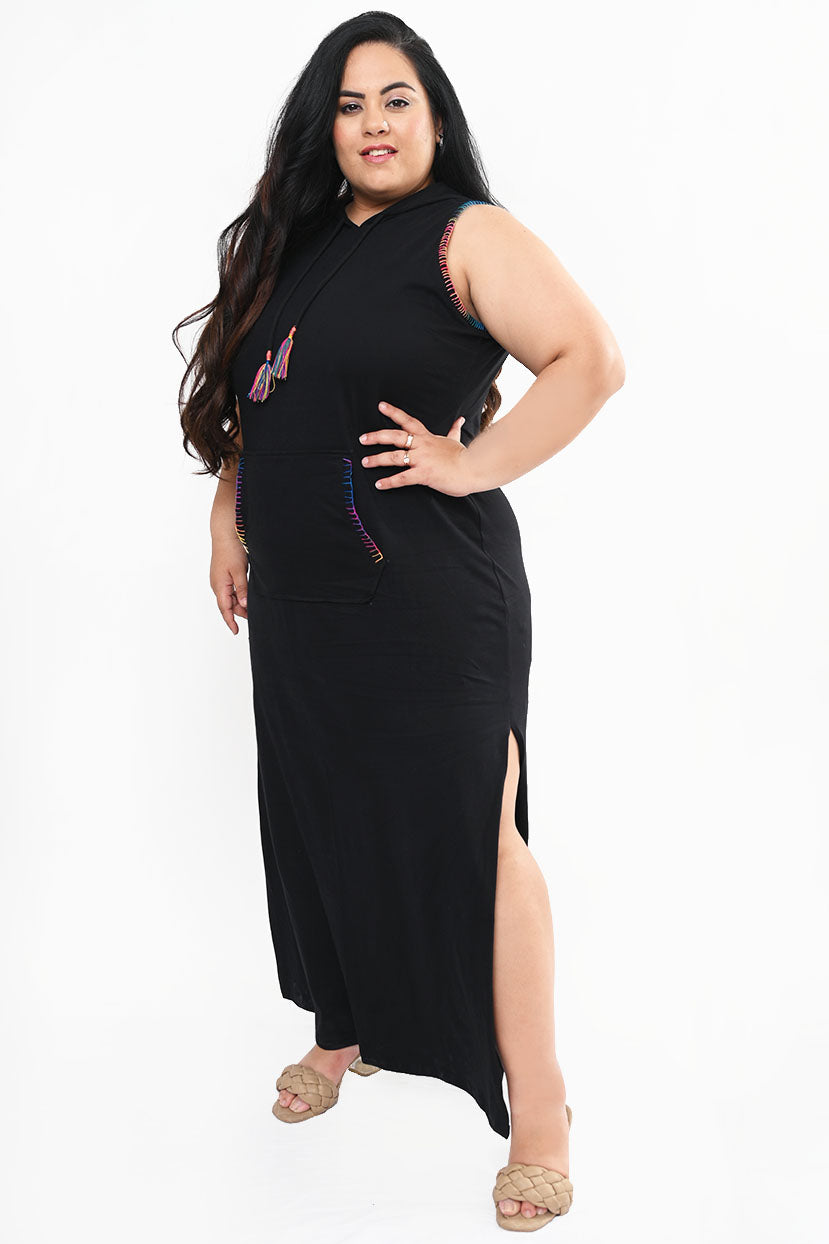 Women's Plus Size Black Hooded Long Dress