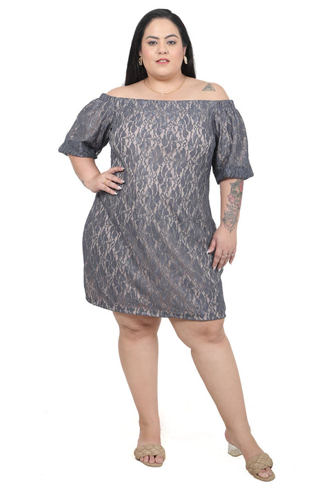 Women's Grey Off Shoulder Glitter Net Short Dress