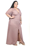 Women's Rose Dust V-Neck Bell Sleeves And Front Slit Dress With Cut Out Back