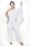 Women's One Shoulder White Jumpsuit Full Flared Sleeves Embroidery Patch On Waist And Sleeves With Back Zipper