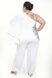 Women's One Shoulder White Jumpsuit Full Flared Sleeves Embroidery Patch On Waist And Sleeves With Back Zipper