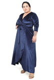 Women's Navy Wrap Round Style Shimmer Velvet Dress With Tied Belt