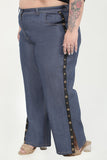 Comfortable Stretchy Denim Blue Pants With Metal Rivets Detailing