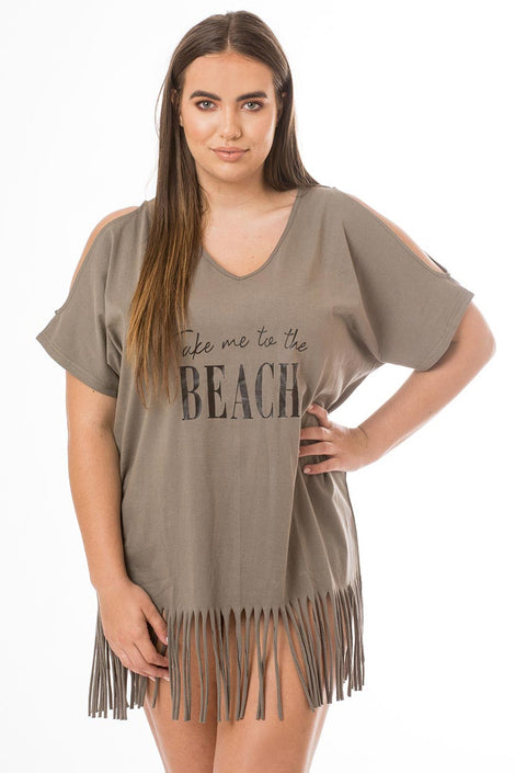 Take Me to the Beach Fringe Cover Up- Taupe Grey